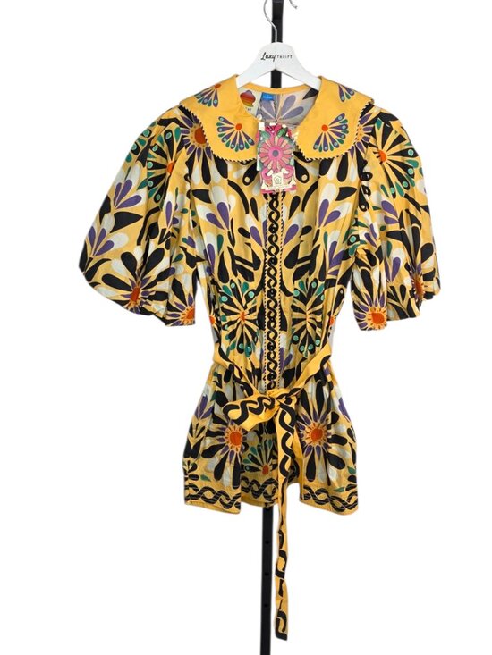 FARM Rio Pants - Farm Rio x Anthropologie Puff-Sleeve Printed Romper, Cotton, Boho, Resort, Sz S